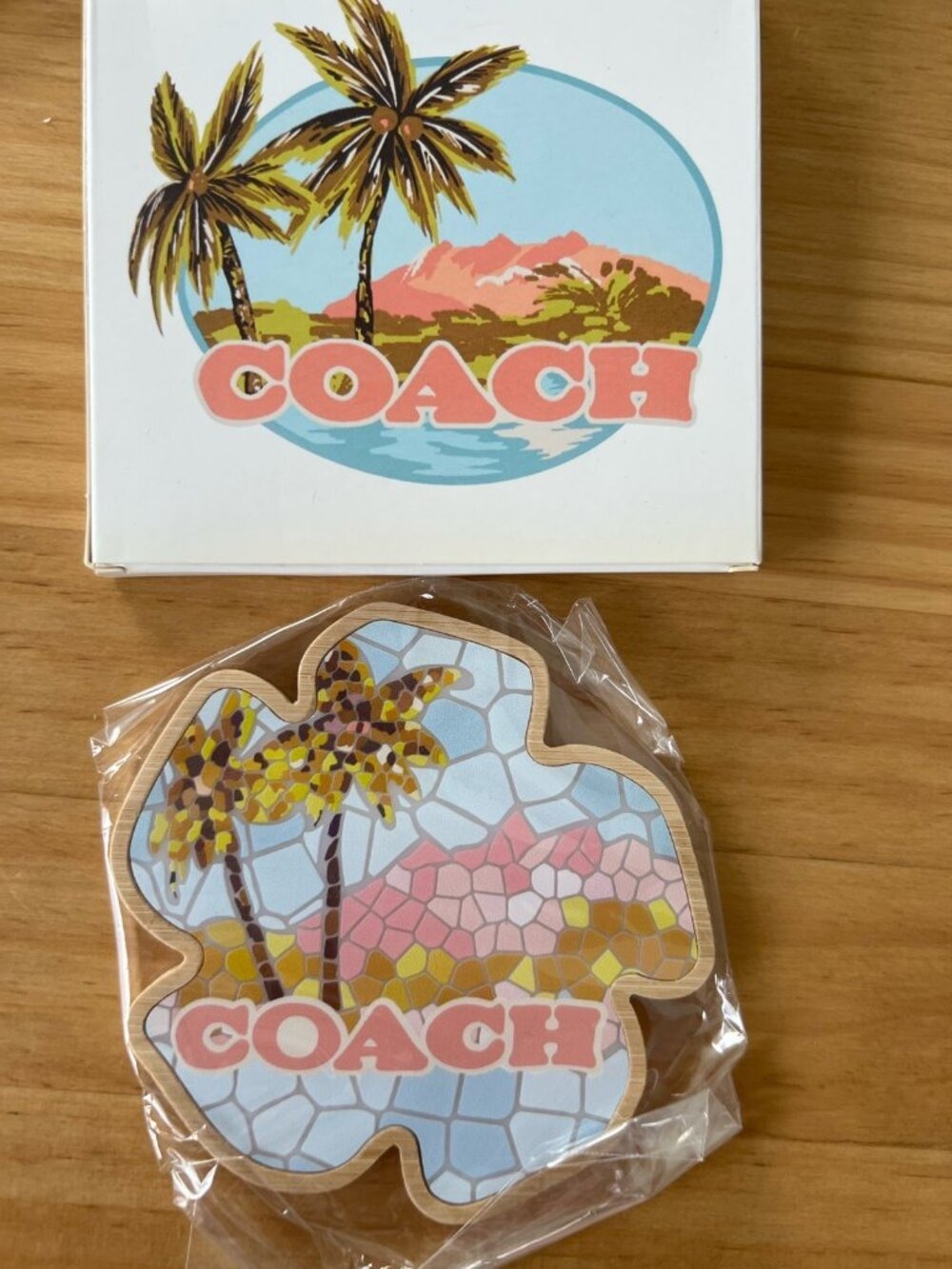 Coach Palm Tree Tea Rose Wood / Bamboo Coaster Tropical Mosaic NWT